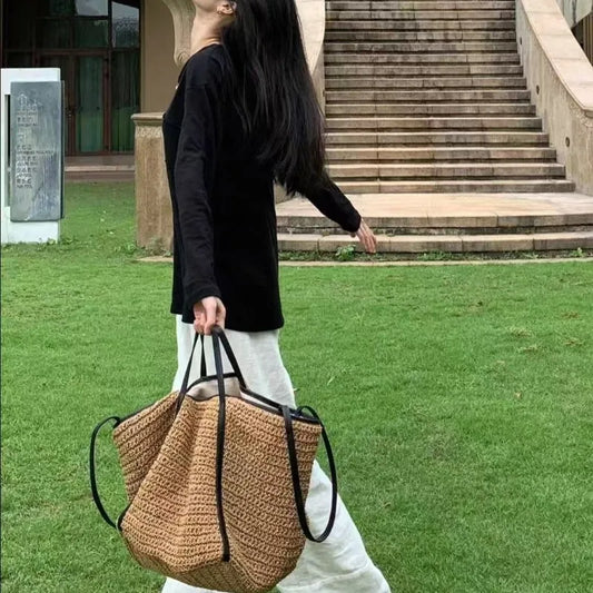 Vintage Lafite Grass Weave Straw Bags Luxury Design Vacation Style Large Capacity Shoulder Bag Summer Shopping Beach Tote Bag