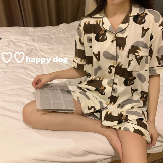 Spring Summer 2024 Cute Women's Pajamas Set Dachshund Print Cotton Two Pieces Short Sleeve Tops Full Length Pants Sleepwear 3991