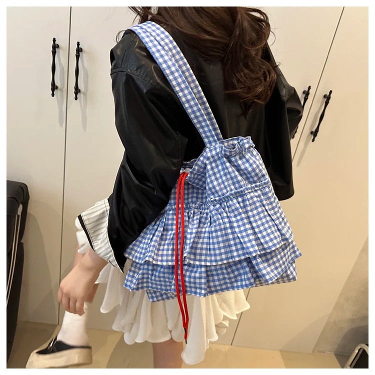 Korean Sle Large Capaci Canvas Tote Bag Blue Plaid Single oulder Skirt Pleated Gown Bag Faionable Casual Handbag