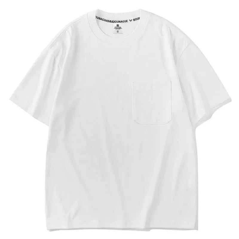 Heavyweight Pocket Short Sleeve T-Shirt Pure Cotton White Base Shirt Top for Men And Women Spring Casual Breathable Crew Neck
