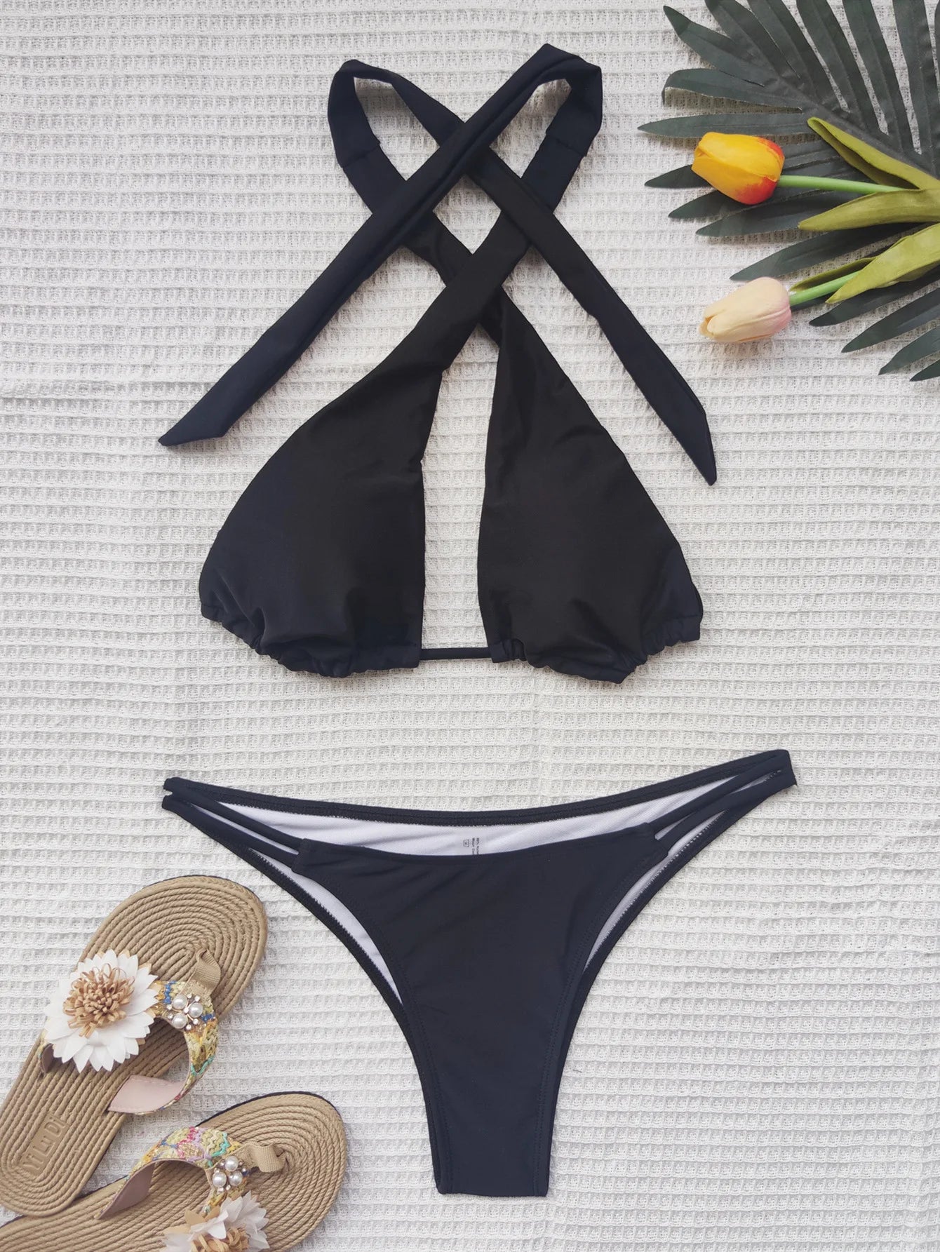 2025 Summer Women's Halter Lace-Up Swimsuit Backless Bikini Set Sexy Hollow Out Swimwear High Waist Monokini Beach Bathing Suits