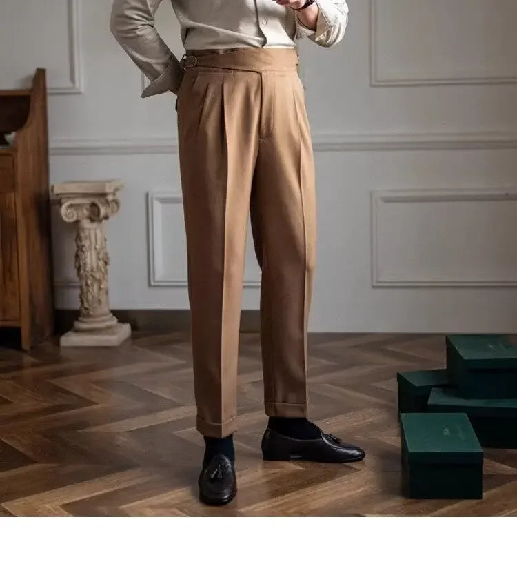 High-waisted Casual Straight-leg Suit Pants For Men Autumn Vintage Draped Waist Trousers Naples Retro Style Business Formal Wear