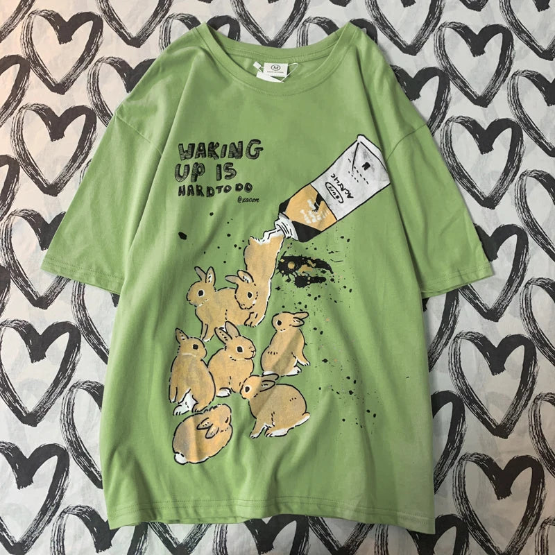 American Retro Rabbit Print Short Sleeved t-shirt For Men Women In Harajuku Lazy Style Pure Cotton Versatile Round Neck Tee