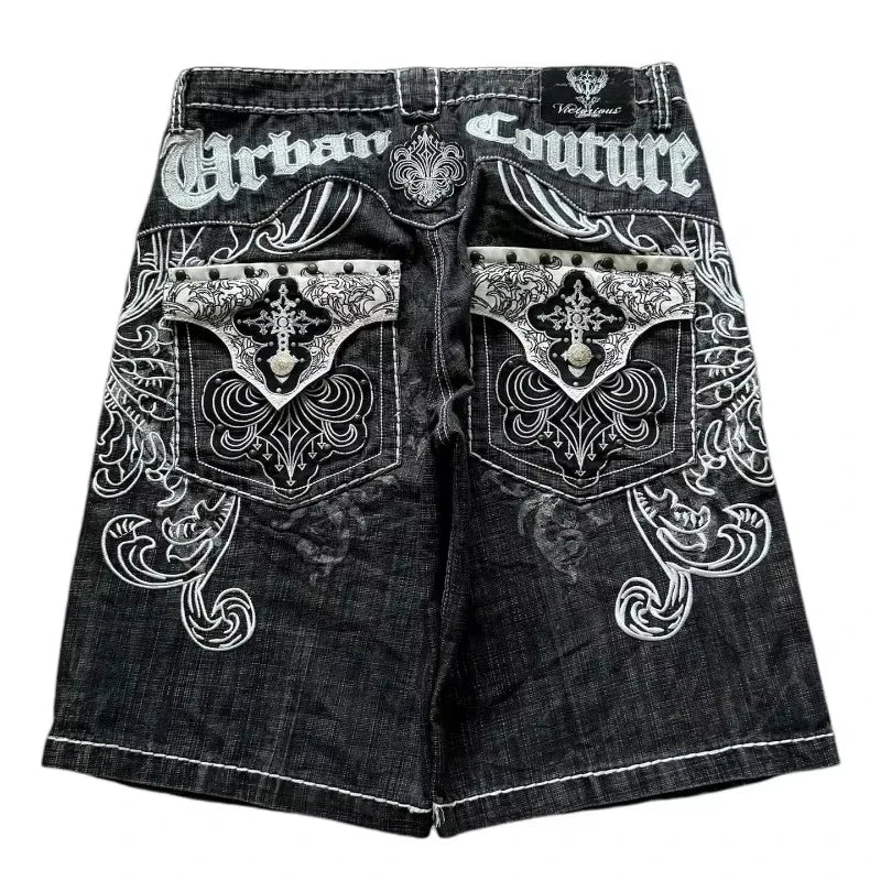 American Summer New Pattern Printing Oversized Casual Denim Shorts Men Y2K Gothic Hip Hop Casual Joker Sports Couple Pants