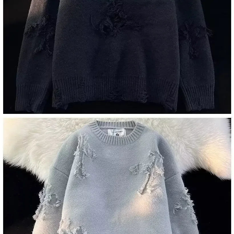 Unisex Round Neck Sweater Casual Trendy Knitted Top Solid Color Loose Fit Versatile For Men Women Hong Kong Style