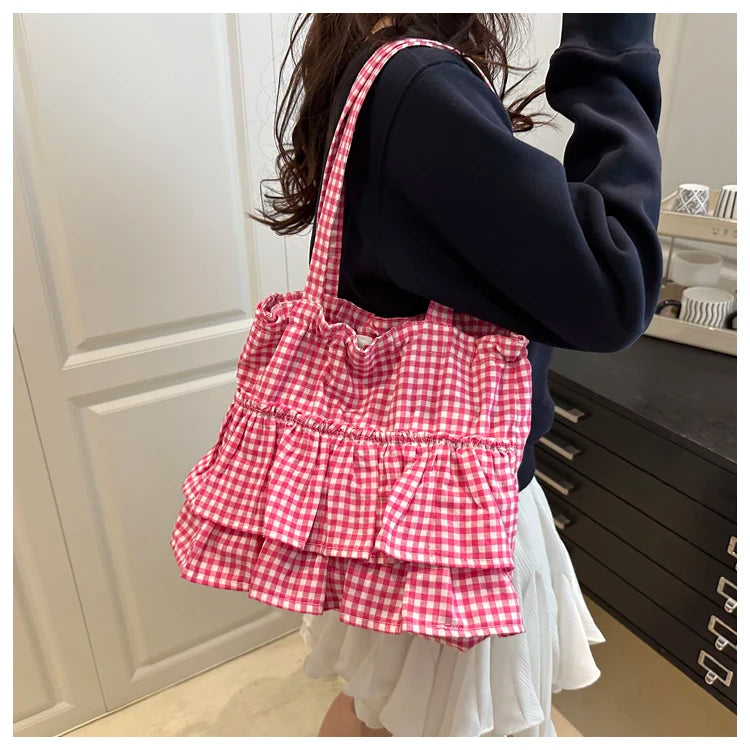 Korean Sle Large Capaci Canvas Tote Bag Blue Plaid Single oulder Skirt Pleated Gown Bag Faionable Casual Handbag