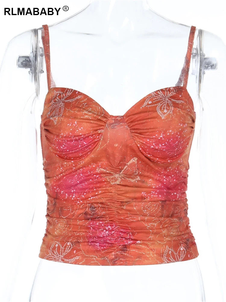 Summer Backless Spaghetti Strap Print Women Crop Top Sexy Bustier Sleeveless Casual Holiday Beach Party Short Skinny Bottom Top