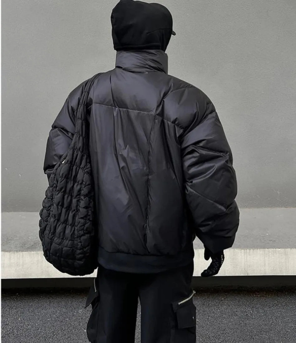 Black Stand Collar Cotton Jacket Mens Heavy Weight Winter Trend High Street Short Parkas Thickening Warm Fluffy Bread Coats