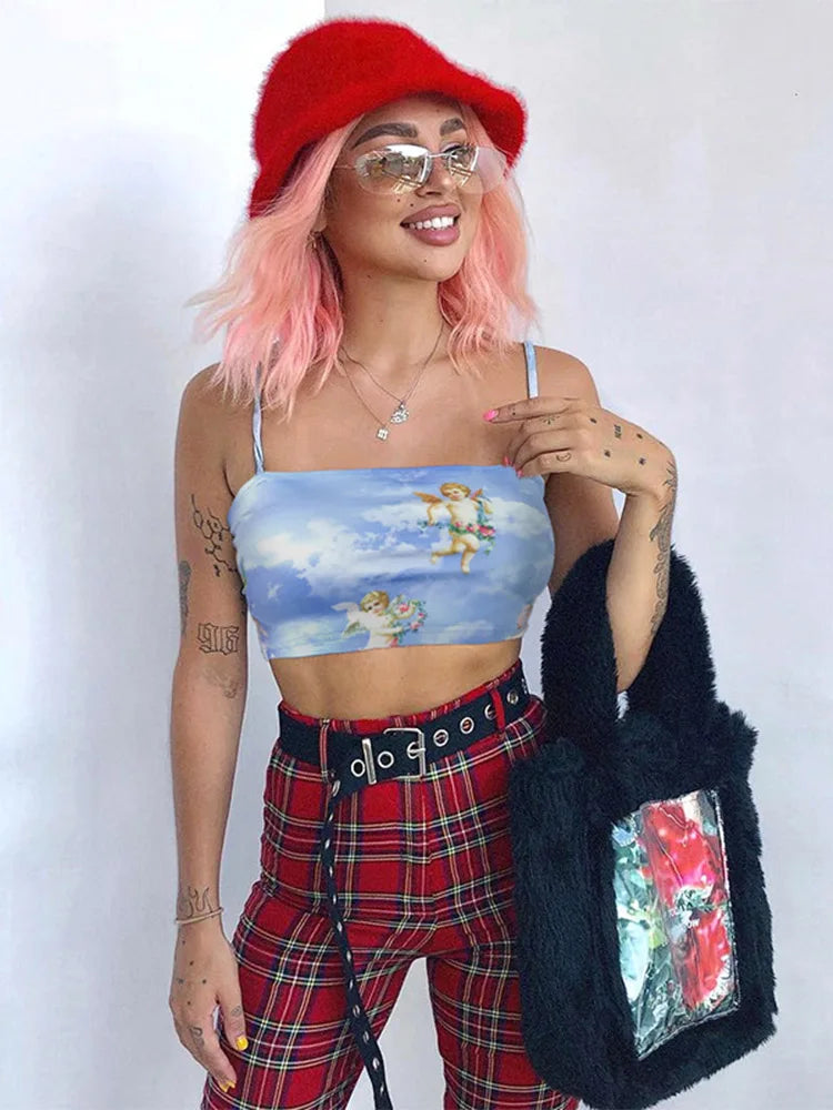 2025 New Fashion Women camisole Sling Top Vest Sleeveless Cold Shoulder The Angel Of Cupid Print Short Camis Female Summer Top
