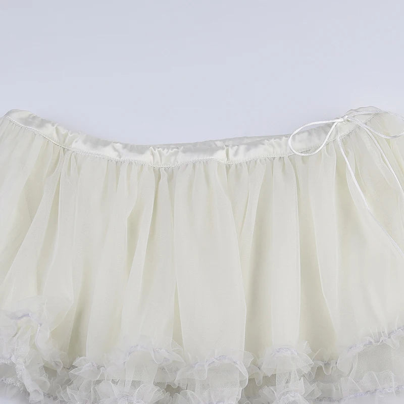 IAMHOTTY Tiered Ruffle Tulle Mesh Skirt y2k Aesthetic Lace-up Low Waist A-line Mini Skirts Fairycore Kawaii Coquette Outfit 2023