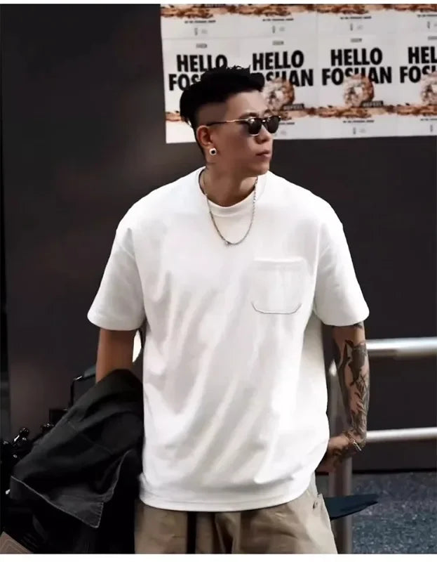Heavyweight Pocket Short Sleeve T-Shirt Pure Cotton White Base Shirt Top for Men And Women Spring Casual Breathable Crew Neck