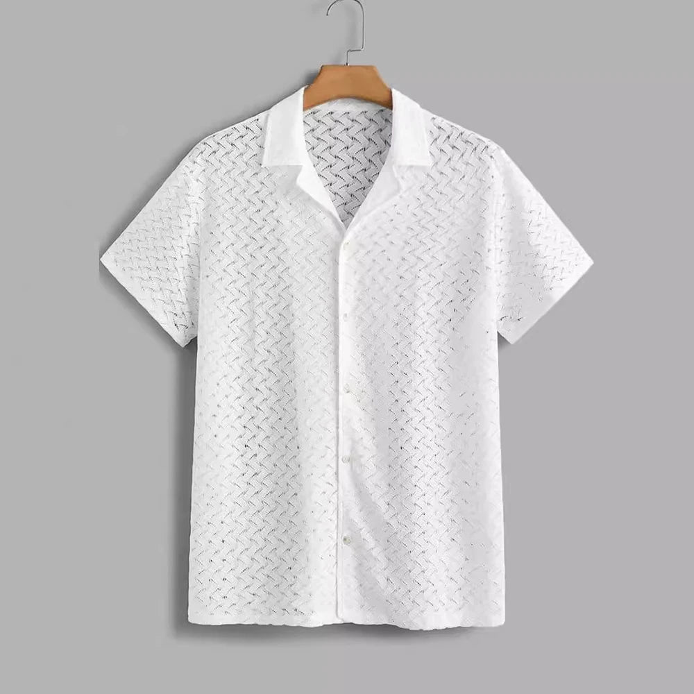 Summer Men's Solid Color Semi-Transparent Knitted Jacquard Short-Sleeved Shirt Retro Fashion Trend Casual Breathable Men's Tops
