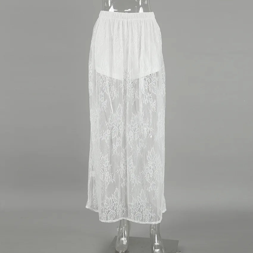 Talenza Lace See-through Skirt Women's White Floral High Waist Patchwork Skirt Lady Summer Sexy Party Elegant A-Line Long Skirt