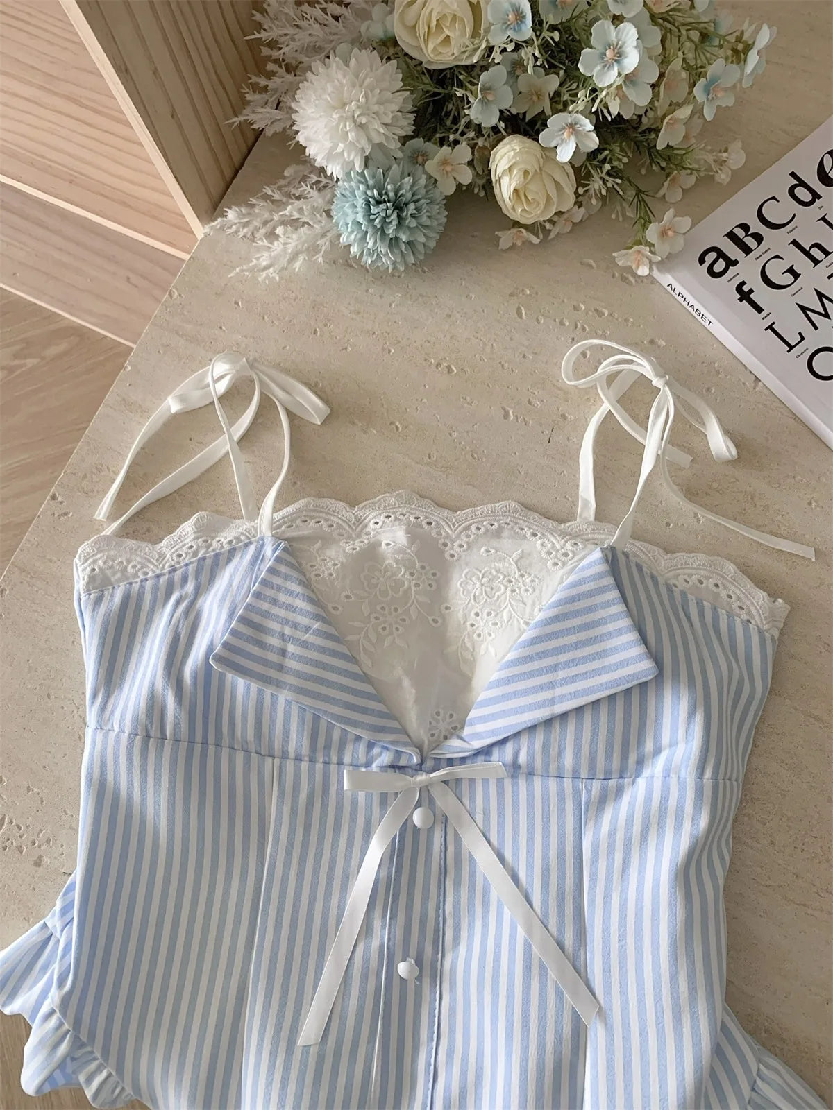 2025 Summer Ballet Core Mori Girl Lace Cami Dress Striped A-line Frock Party Shoujo One-Piece Patchwork Design Korean Fashion