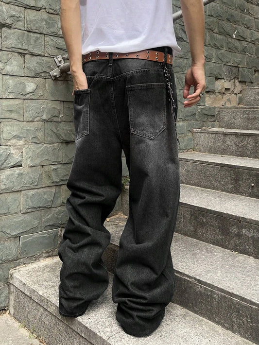 1Pc Men's Daily Travel Casual American Street Loose Jeans, Black, Light Blue, Sea Blue Fashion Street Style Retro Lantern Jeans Jeans Denim Pants
