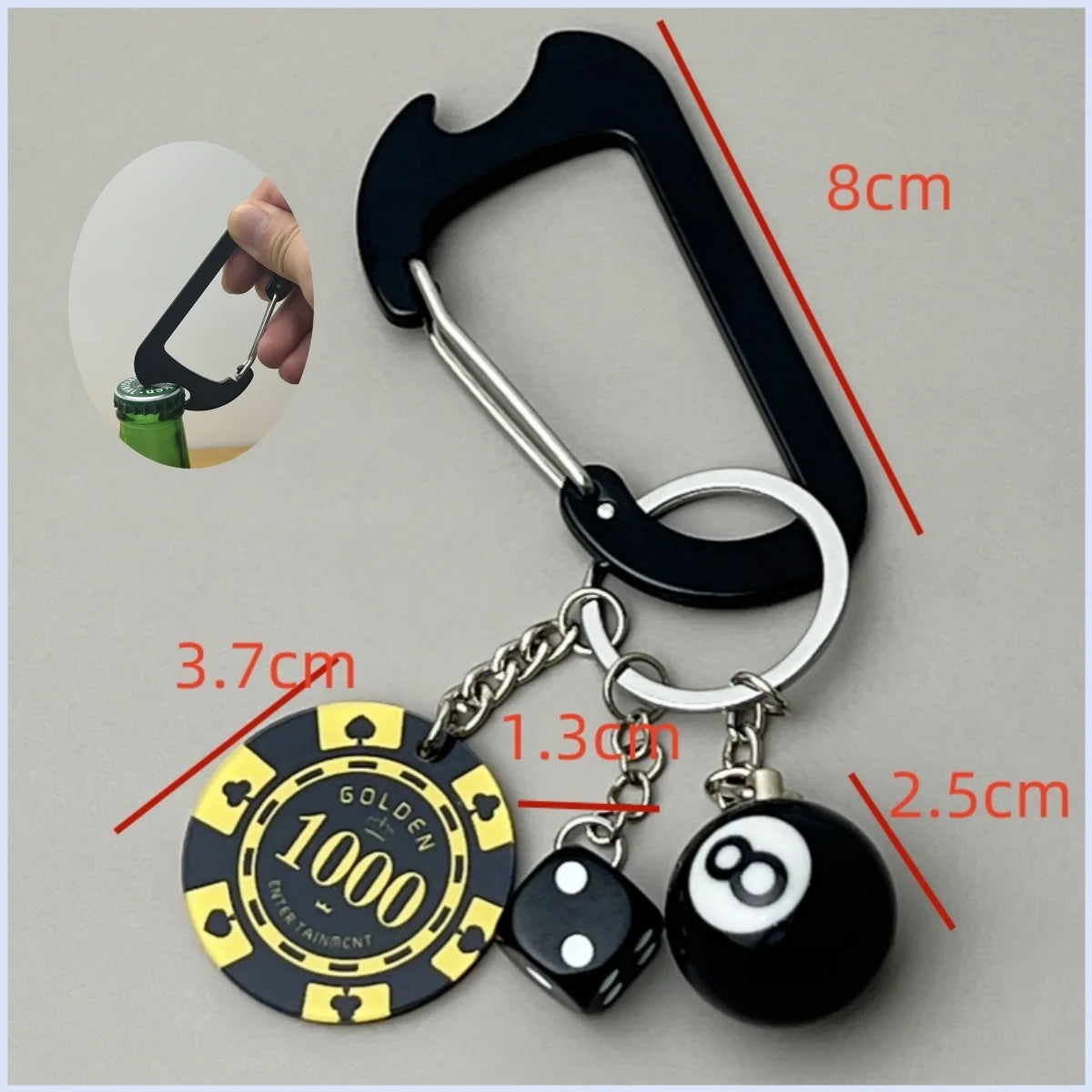 Fashionable Multi functional Keychain Casino Style Lucky Dice Black 8 Lucky Chip Pendant Mountaineering Buckle Bottle Opener