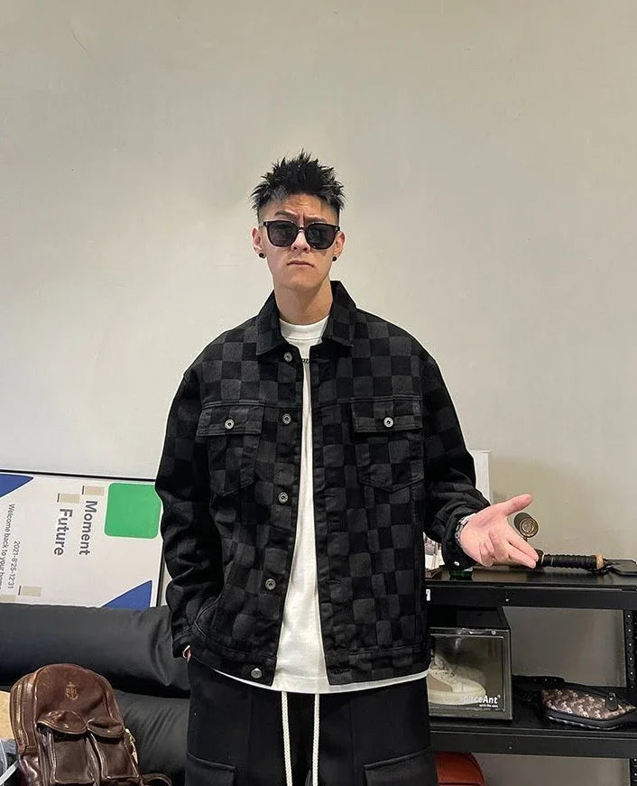 Denim Jackets Man Wide Shoulders Autumn Jeans Coat for Men Black Plaid Fashion Korean Popular Clothes of Fabric Winter 2024 Y2k