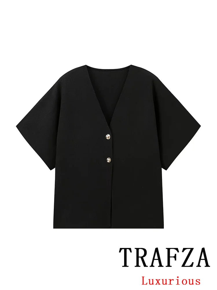 TRAFZA Vintage Casual Chic Knitted Sweaters Women Gold Buttons V-Neck Short Sleeve Cardigans Fashion 2024 Autumn Winter Tops