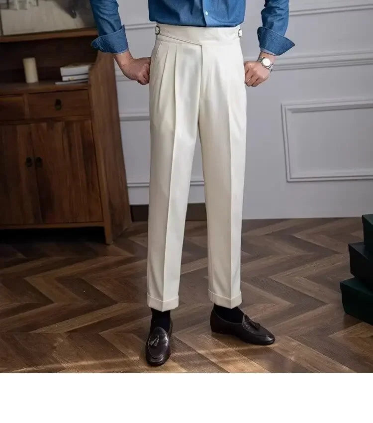 High-waisted Casual Straight-leg Suit Pants For Men Autumn Vintage Draped Waist Trousers Naples Retro Style Business Formal Wear