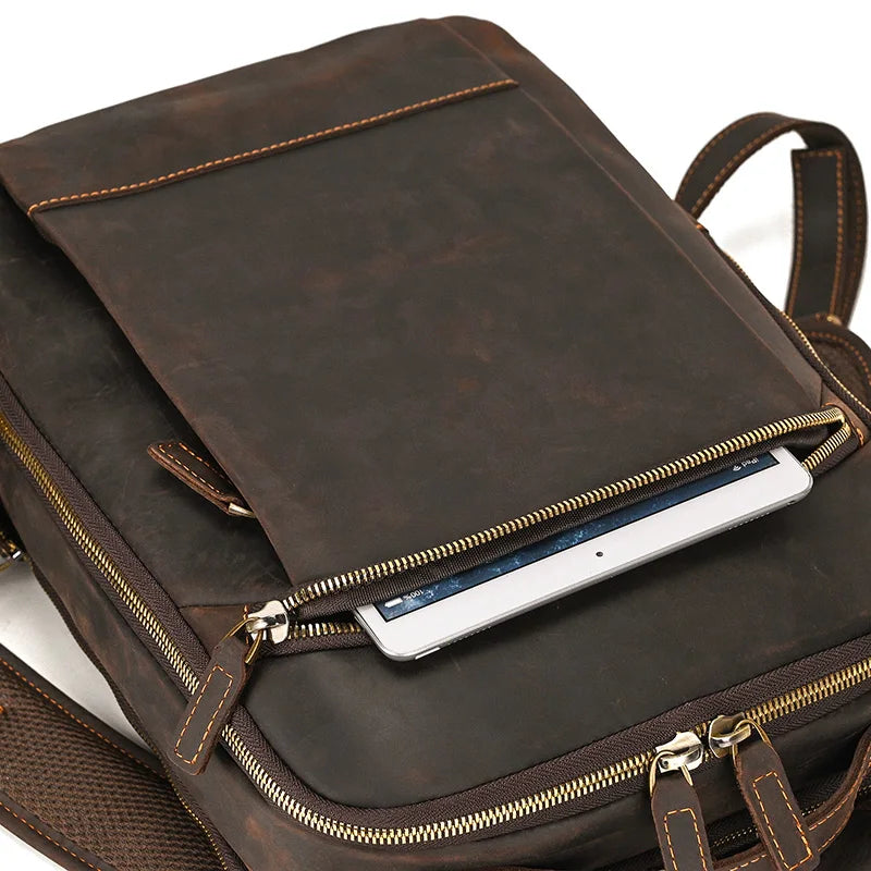 Vintage Travel Backpack leather double zipper bagpack male crazy horse leather backpack handmade leather travel bag men bag