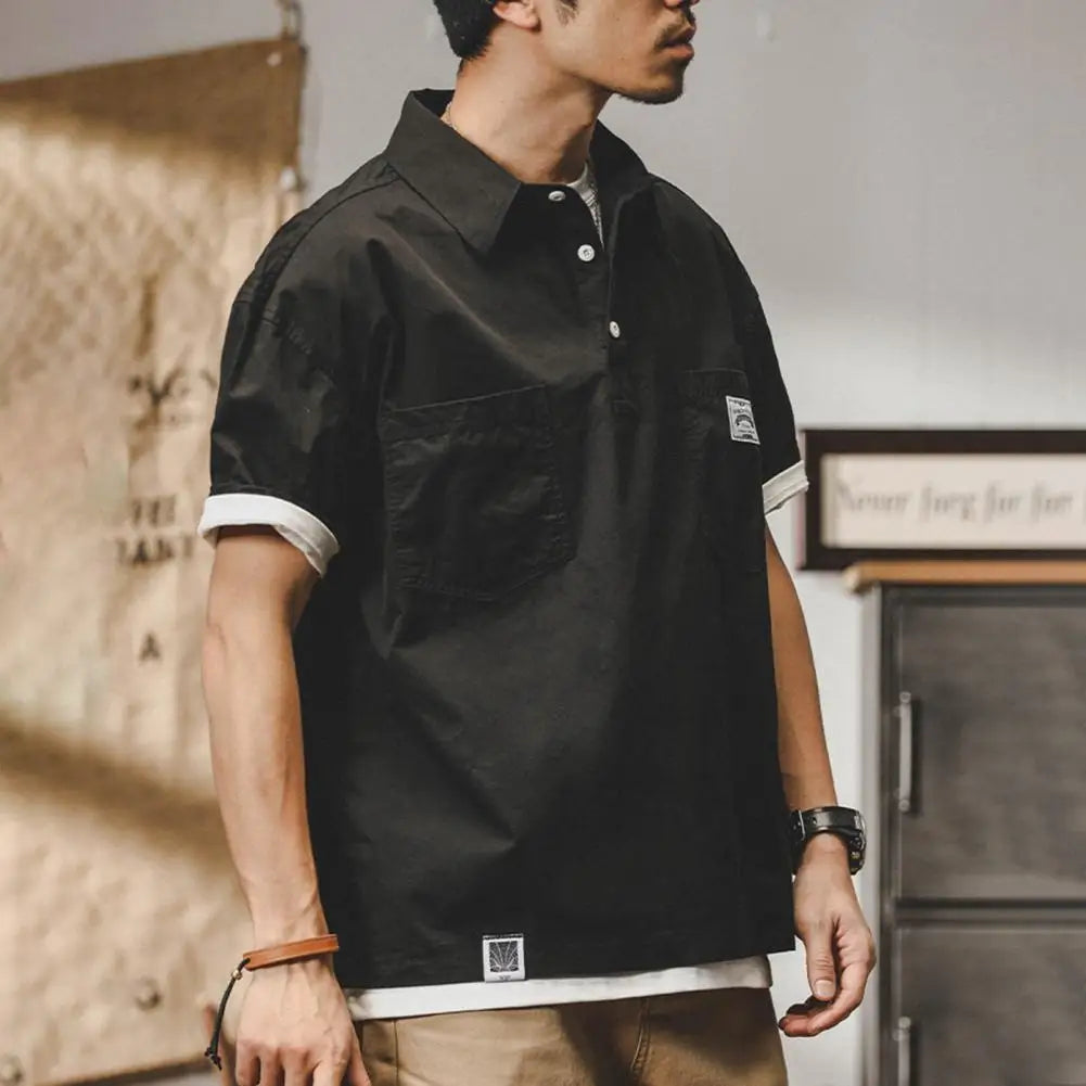 Man Shirts Summer Cargo Shirt American Retro Loose Short Sleeves Lapel Men Tops Work Shirt Multi Pockets Half Sleeve Casual Tops