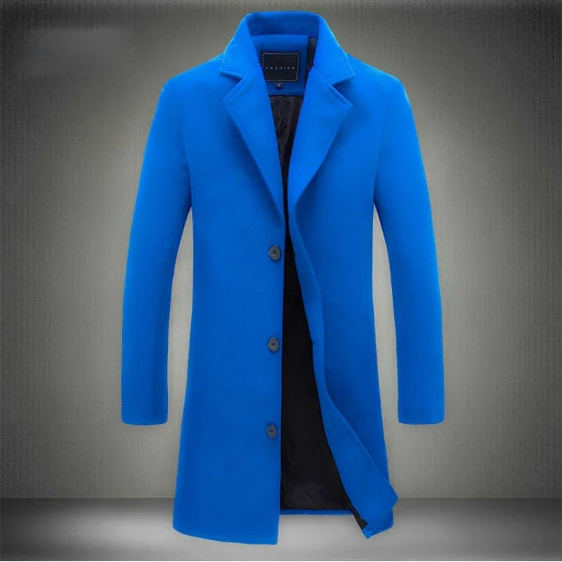 2025 Autumn Winter New Wool Men Long Cotton Coat Blend Pure Color Casual Business Fashion Slim Windbreaker Jacket Men Clothing