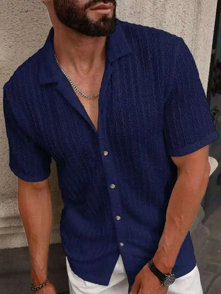 Men's Casual Knit Shirt Summer New Solid Color Turn-down Collar Hollow Breathable Short Sleeve Top