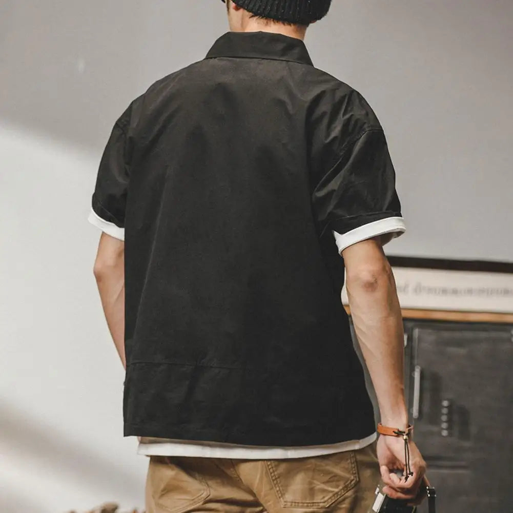 Man Shirts Summer Cargo Shirt American Retro Loose Short Sleeves Lapel Men Tops Work Shirt Multi Pockets Half Sleeve Casual Tops