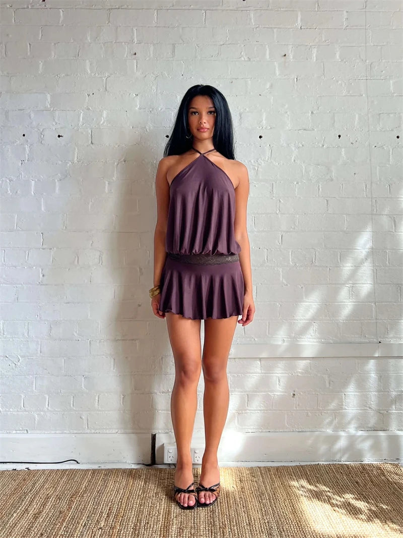 Absobe Halter Sleeveless Patchwork Lace Mini Dress For Women Backless Slim A-Line Short Dress Y2K Sexy Vacation Beach Streetwear