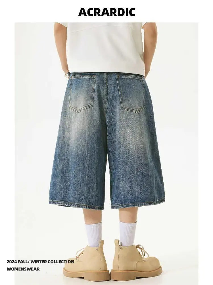 American High Street Lightning Jeans Men's Straight Leg Wide Leg Hip Hop Cool Retro American Seven-Foot Blue Shorts