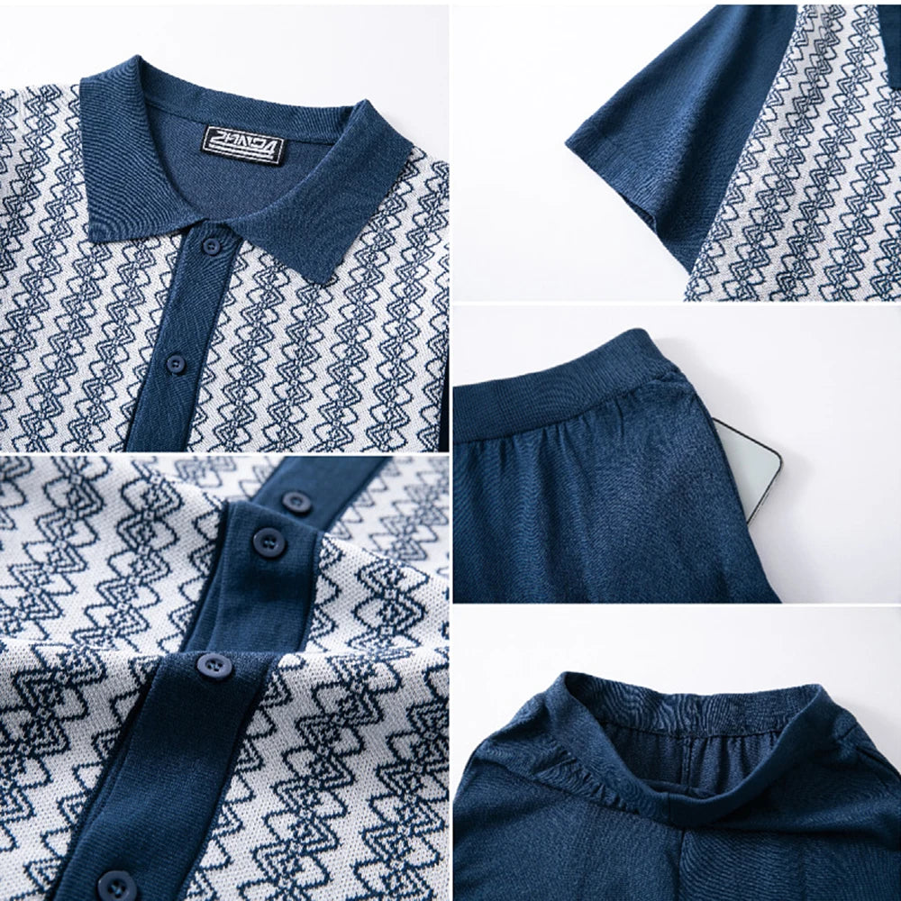 Men's Cardigan Knitted Short-Sleeved Shorts Suit Retro Casual Fashion Trend Loose Breathable Daily 2025 Summer New Men's Suit