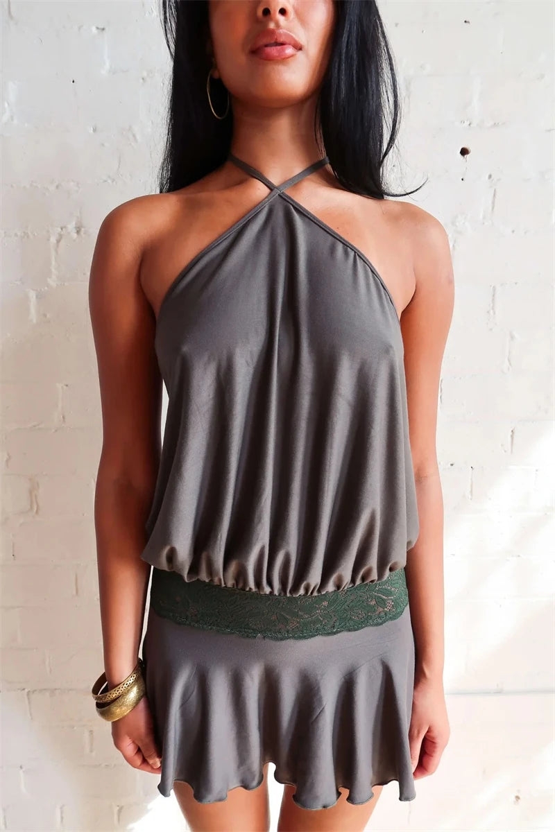 Absobe Halter Sleeveless Patchwork Lace Mini Dress For Women Backless Slim A-Line Short Dress Y2K Sexy Vacation Beach Streetwear