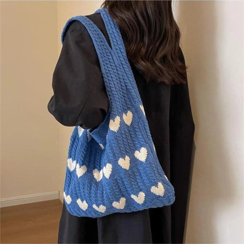 Women Knitted Bag Woven Love Heart  Pattern Wool Portable Shoulder Bag Shopping Bags Workers Students Daily Commuter Bags