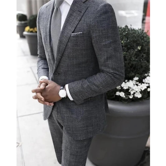 2025 Dark Gray Linen Men's Suit Bridegroom Tuxedo Tailor-Made Wedding Custom Single Breasted Male Blazer 2 pcs(Jacket+pants)