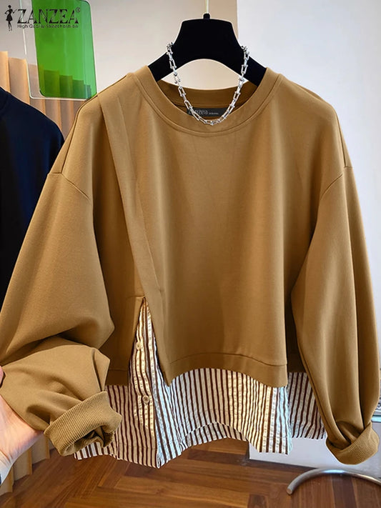 ZANZEA Women Long Sleeve Hoodies 2024 Autumn Fake Two Piece O-Neck Sweatshirt Fashion Loose Stripes Splicing Front Slit Pullover