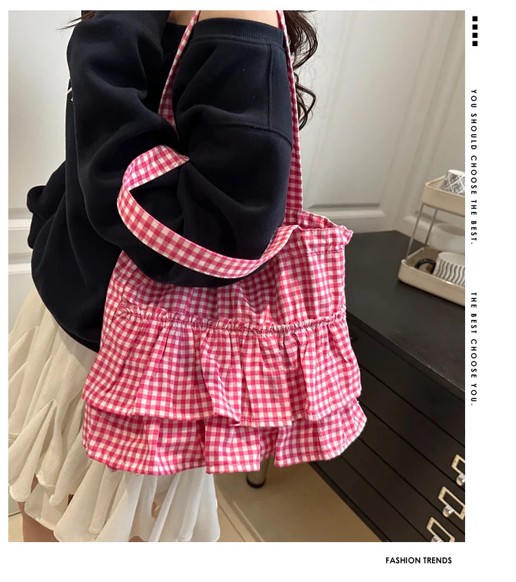 Korean Sle Large Capaci Canvas Tote Bag Blue Plaid Single oulder Skirt Pleated Gown Bag Faionable Casual Handbag