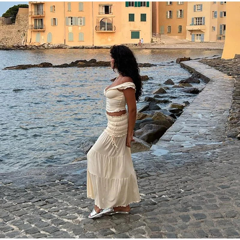 Fashion Solid Folds Long Skirt Sets For Women Summer Sexy Off Shoulder V-neck Cropped Tops High Waist Long Skirts 2 Pieces Sets
