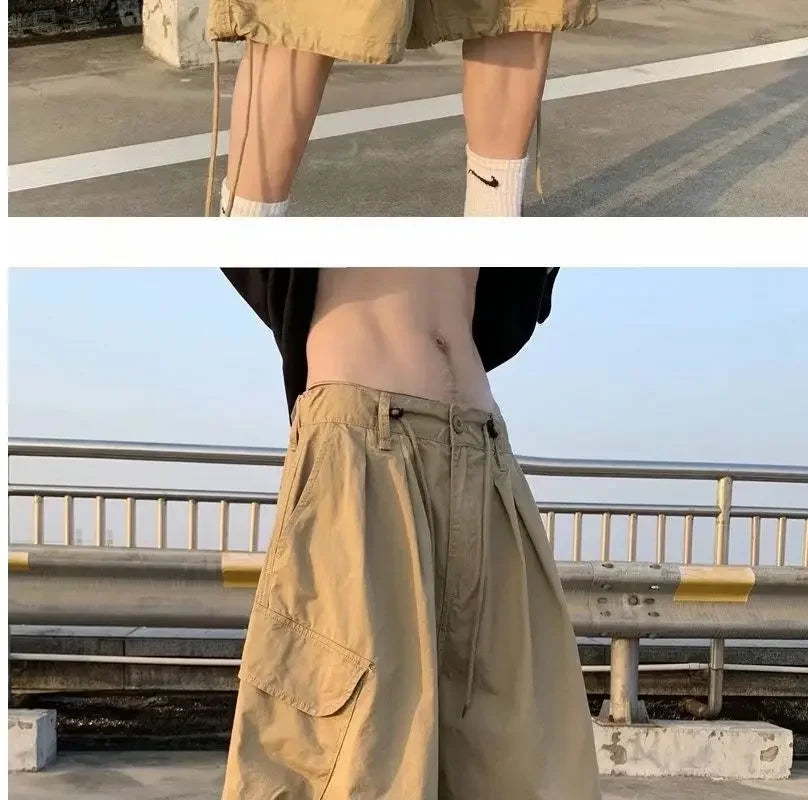 Khaki 7-point Men Summer Thin Japanese Workwear Wide-leg Loose Over-knee Shorts