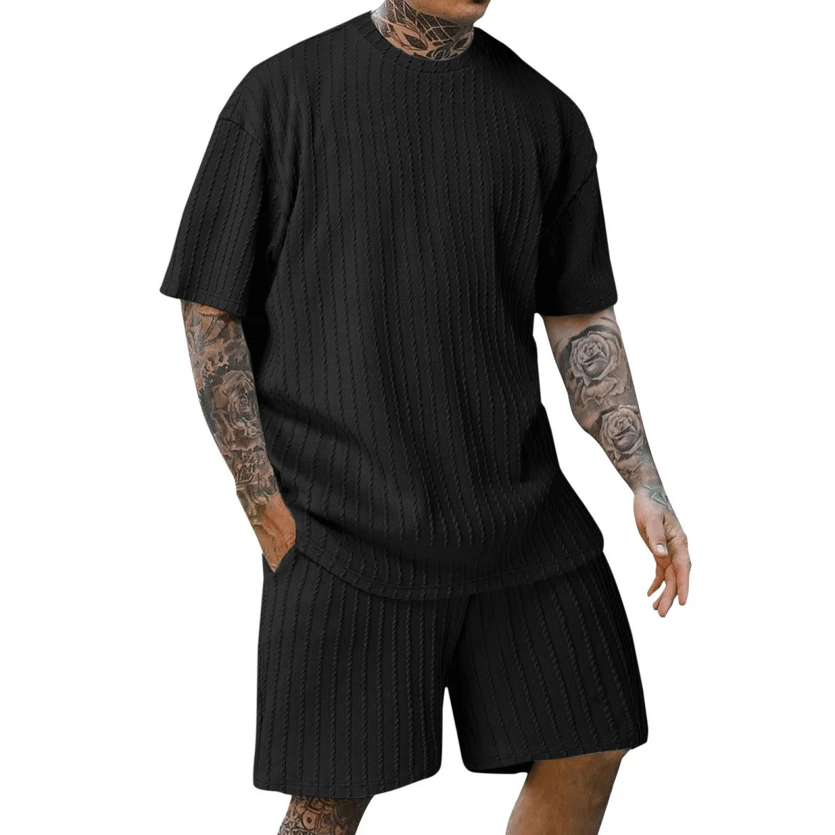 Men's new fashion summer sports solid color crew-neck vertical stripe T-shirt shorts short-sleeved suit Loose two-piece set