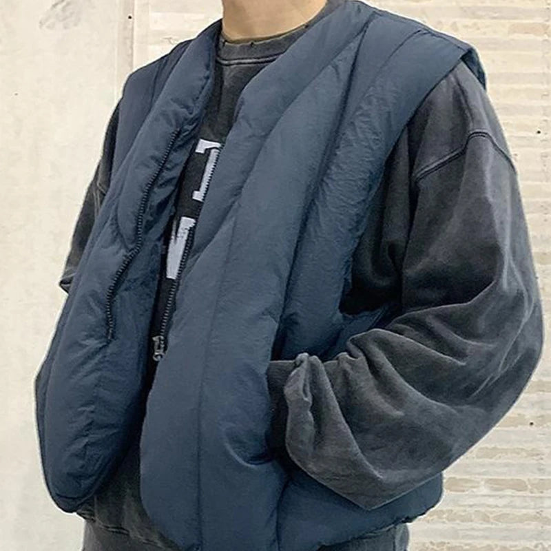 Linear Split Silhouette Autumn Winter Tops for Men Warm Loose High Street Padded Waistcoat Deconstructed Vibe Nylon Zipper Vest