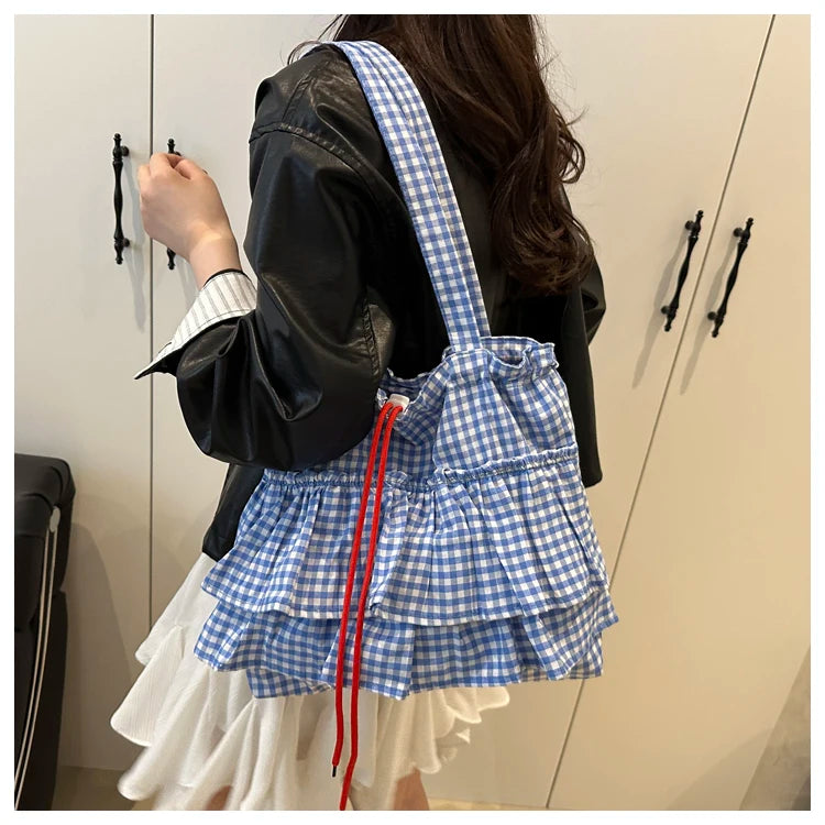 Korean Sle Large Capaci Canvas Tote Bag Blue Plaid Single oulder Skirt Pleated Gown Bag Faionable Casual Handbag