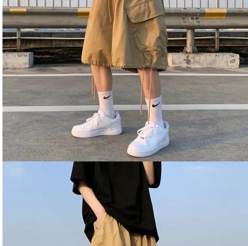 Khaki 7-point Men Summer Thin Japanese Workwear Wide-leg Loose Over-knee Shorts