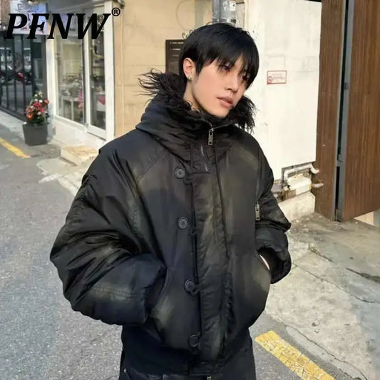 PFNW Winter New Oversized Black Cotton-padded Coat Men's Trend Tie-dye Print Fur Collar Zipper Hooded Quilted Padded  Jackets