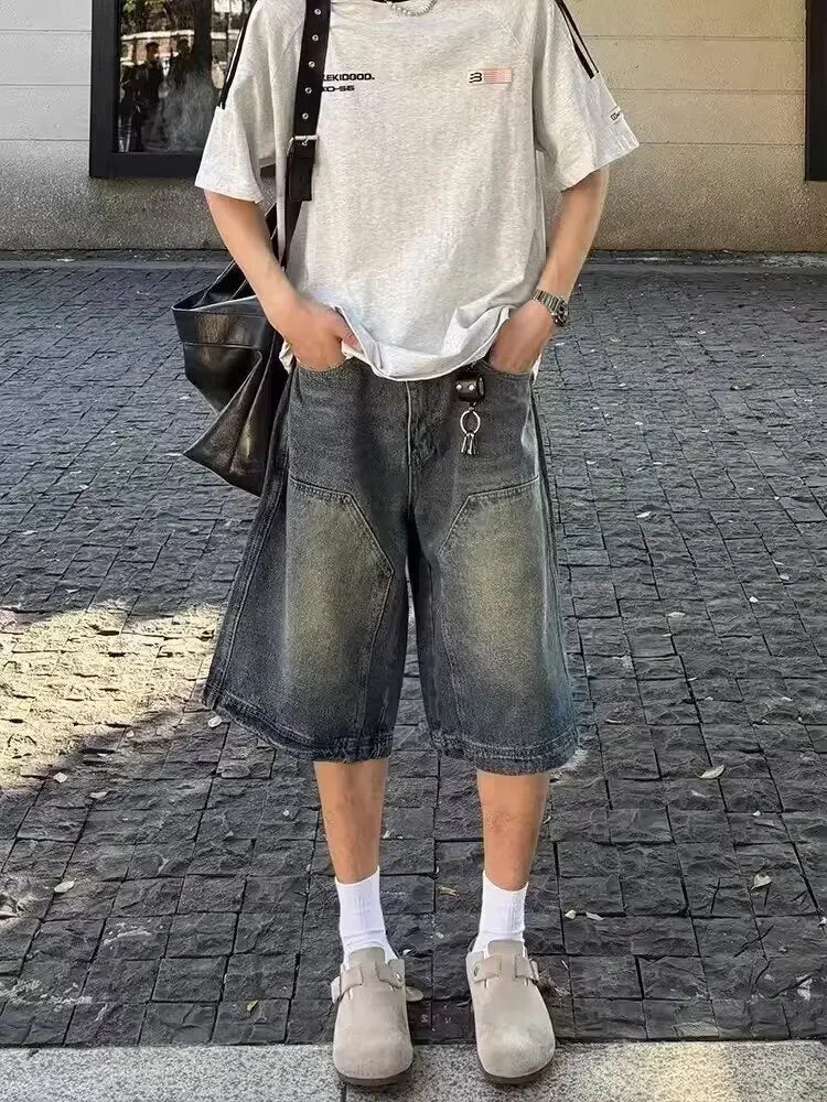American Style Vintage Men's Denim Shorts Streetwear Straight-Leg Wide-Leg Distressed Casual Pants Trendy Summer Wear