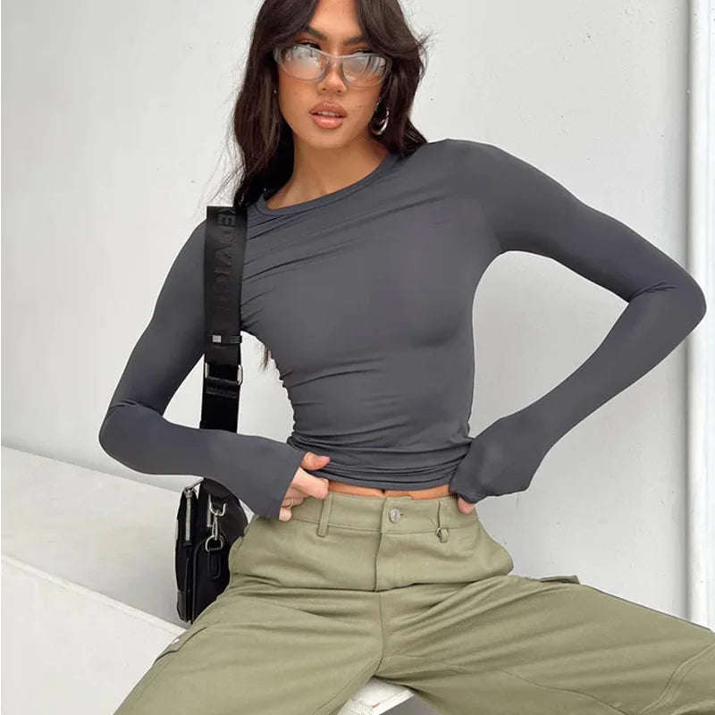 Women Casual Long Sleeve T-Shirts Spring Autumn Solid Slim Fit Pullovers Tees Shirts Female Streetwear Base Tees Tops