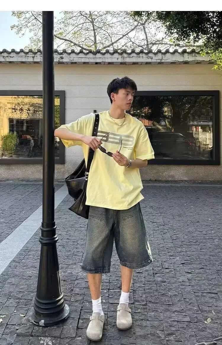 American Style Vintage Men's Denim Shorts Streetwear Straight-Leg Wide-Leg Distressed Casual Pants Trendy Summer Wear