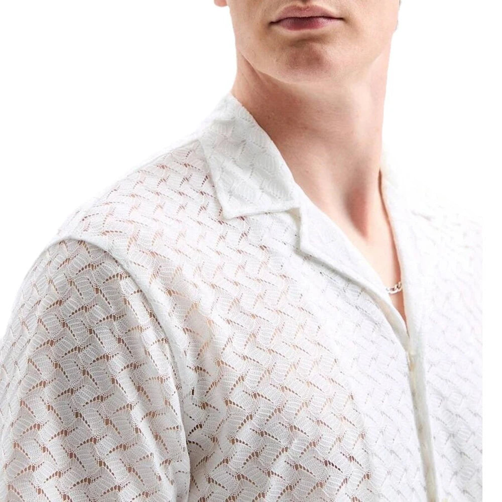 Summer Men's Solid Color Semi-Transparent Knitted Jacquard Short-Sleeved Shirt Retro Fashion Trend Casual Breathable Men's Tops