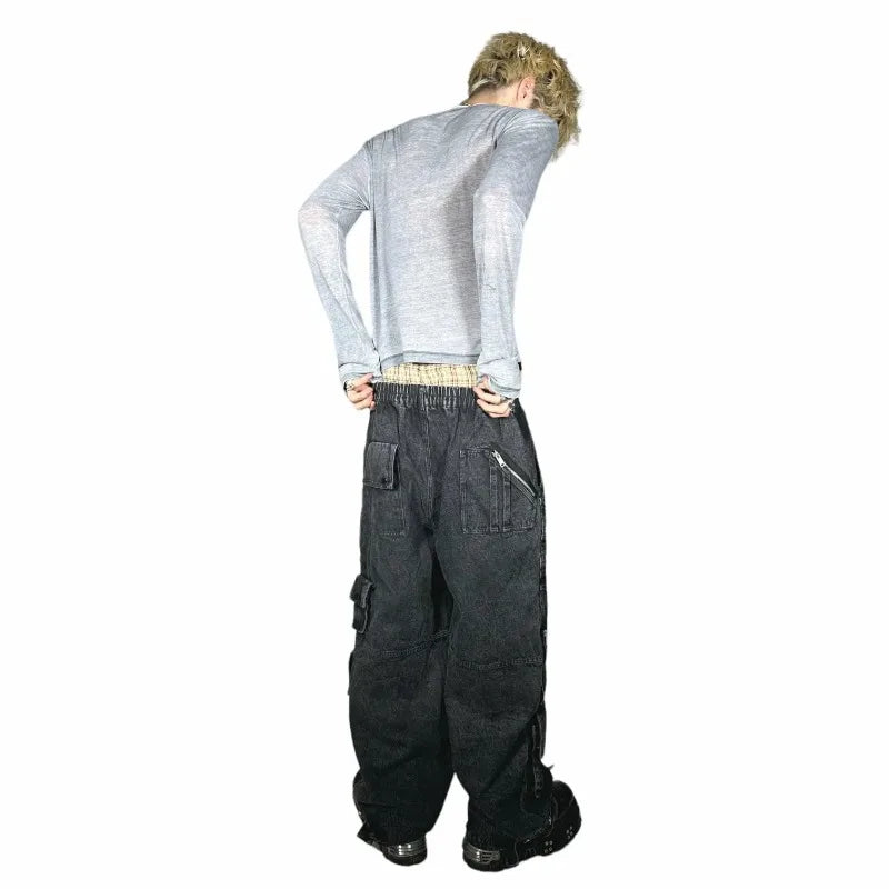 Y2K Fashion Baggy Jeans Denim Cargo Pants Womens Vintage Multi Pocket High Waist  New Harajuku Gothic Wide Trouser Streetwear