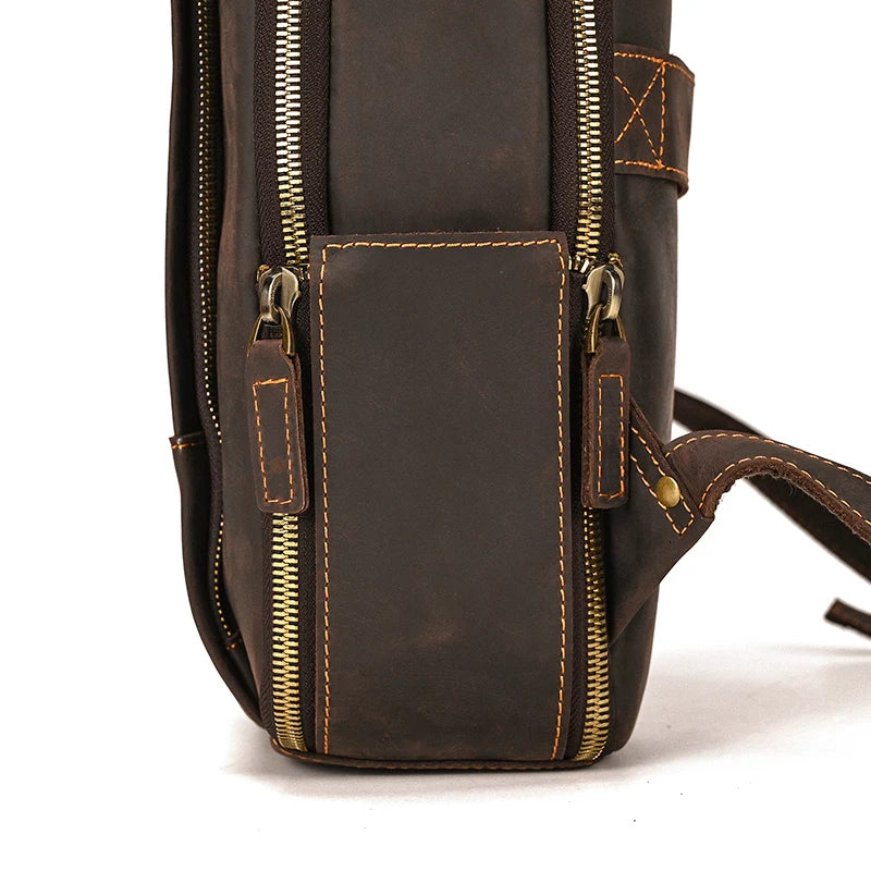 Vintage Travel Backpack leather double zipper bagpack male crazy horse leather backpack handmade leather travel bag men bag