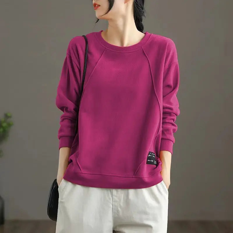 Women's Clothing Spring Autumn Appliques Casual Streetwear Cotton Sweatshirt Female O Neck Solid Long Sleeve Loose Pullover Tops